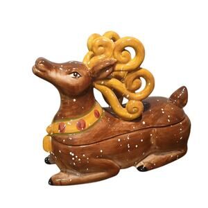 Tabletops Unlimited Winter Wonderland Handpainted 3D Reindeer Candy Dish w/Lid